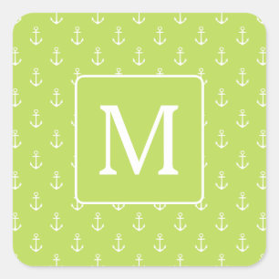 Palm Leaf Green and White Anchors Monogram Square Sticker