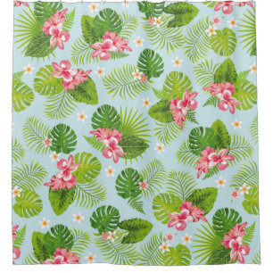 Palm Leaf Green Pink Hibiscus Shower Curtain