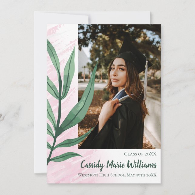 Palm Leaf Green Pink Plante Faire-part de graduati (Devant)