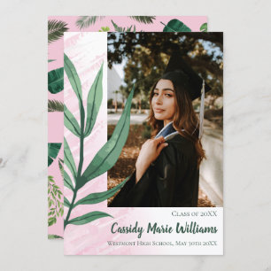 Palm Leaf Green Pink Plante Faire-part de graduati