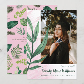 Palm Leaf Green Pink Plante Faire-part de graduati