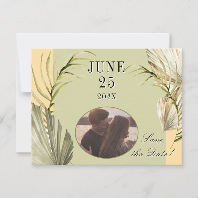 Palm Leaf Green Save the Date Carte postale (Devant)