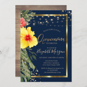 Palm Leaf Hibiscus,Lights,Wood,Frame Quinceanera Invitation