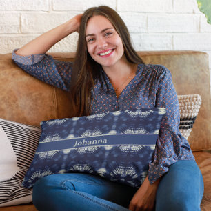 Palm Leaf in Delft Blue Personalized Symmetrical Accent Pillow