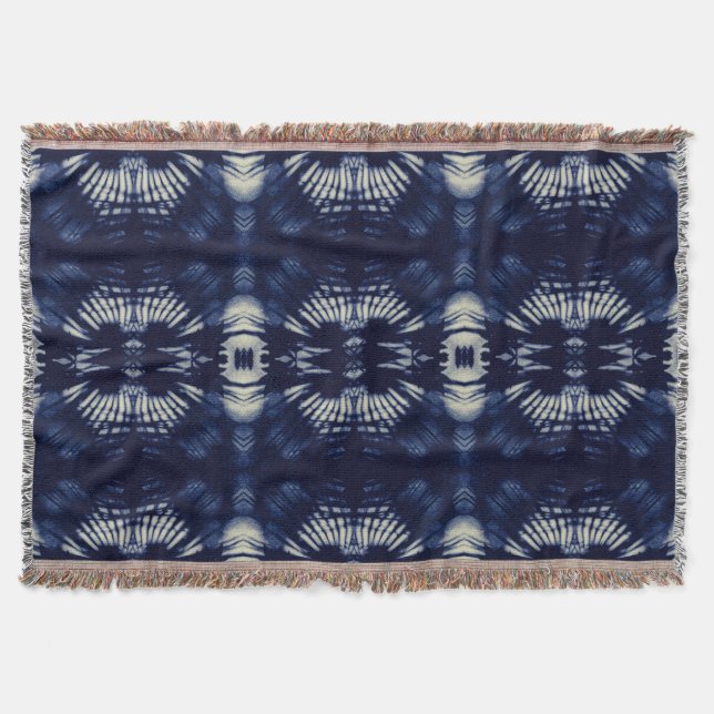 Palm Leaf in Delft Blue | Symmetrical Botanical Throw Blanket (Front)