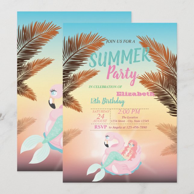 Palm Leaf, Mermaid Birthday Party Invitation (Front/Back)