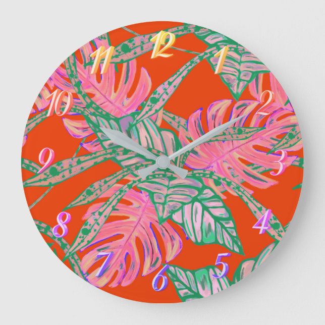Palm leaf monstera coleus tropical fire red large clock (Front)