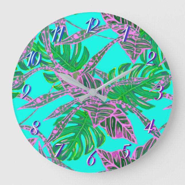 Palm leaf monstera coleus tropical ice blue pink large clock (Front)