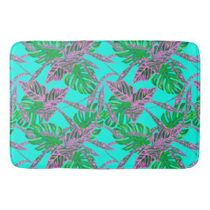 Palm leaf monstera coleus tropical turquoise pink bath mat