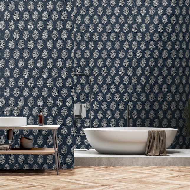 Palm Leaf Navy Blue And Cream Wallpaper (Bathroom)
