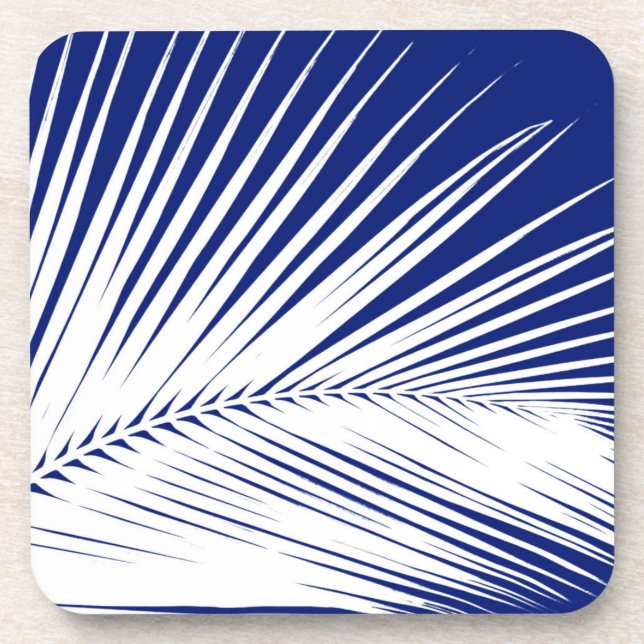 Palm leaf - navy blue and white coaster (Front)