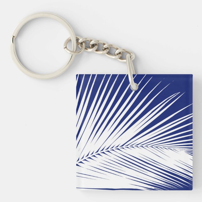 Palm leaf - navy blue and white keychain (Front)
