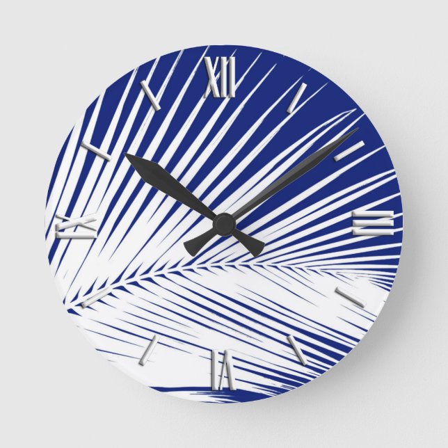 Palm leaf - navy blue and white round clock (Front)