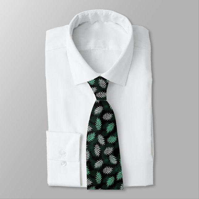Palm Leaf Pattern Dark Green Neck Tie (Tied)