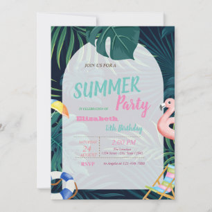 Palm Leaf Pink Flamingo Birthday Invitation