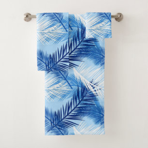 Palm Leaf Print, Cobalt, White and Sky Blue Bath Towel Set
