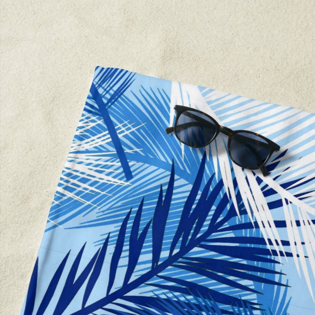 Palm Leaf Print, Cobalt, White and Sky Blue Beach Towel (In Situ)