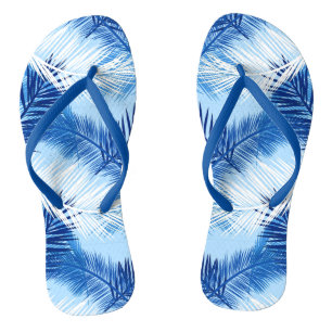 Palm Leaf Print, Cobalt, White and Sky Blue Flip Flops
