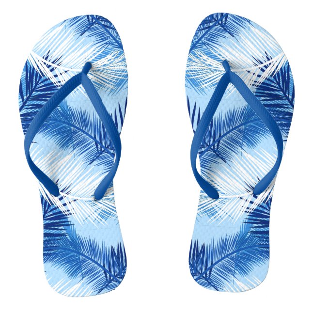 Palm Leaf Print, Cobalt, White and Sky Blue Flip Flops (Footbed)