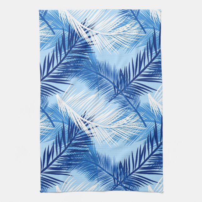 Palm Leaf Print, Cobalt, White and Sky Blue Kitchen Towel (Vertical)