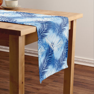 Palm Leaf Print, Cobalt, White and Sky Blue Short Table Runner
