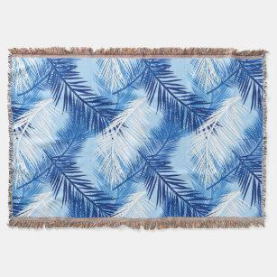 Palm Leaf Print, Cobalt, White and Sky Blue Throw Blanket