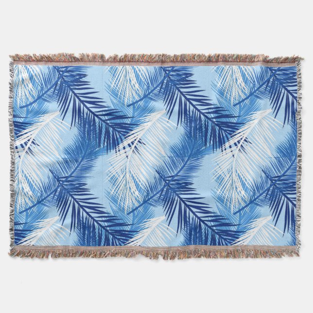 Palm Leaf Print, Cobalt, White and Sky Blue Throw Blanket (Front)