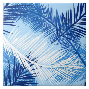 Palm Leaf Print, Cobalt, White and Sky Blue Tile