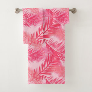Palm Leaf Print, Coral, Peach and Pastel Pink Bath Towel Set