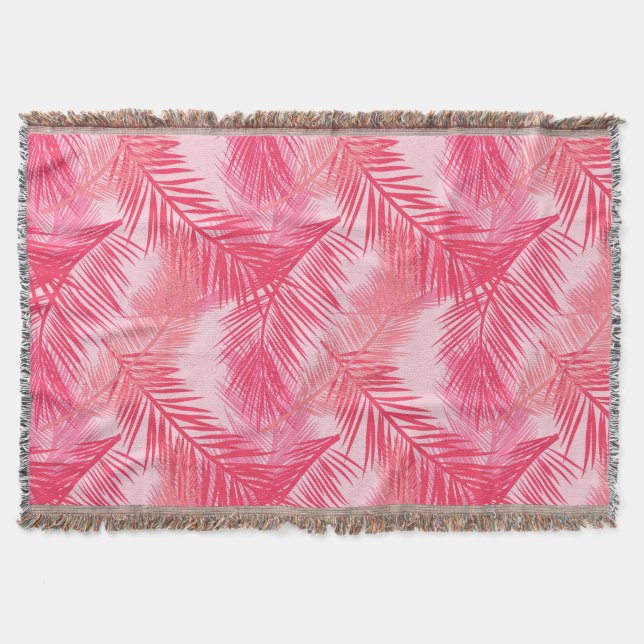 Palm Leaf Print, Coral, Peach and Pastel Pink Throw Blanket (Front)