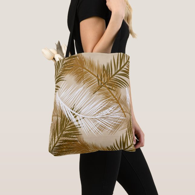 Palm Leaf Print, Dark Brown, Tan and Beige  Tote Bag (Close Up)