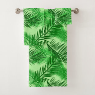 Palm Leaf Print, Emerald and Light Lime Green Bath Towel Set