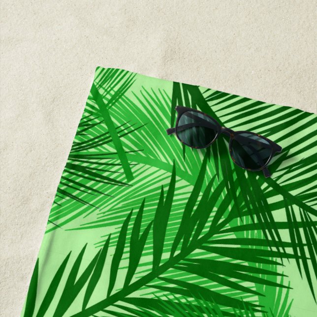 Palm Leaf Print, Emerald and Light Lime Green Beach Towel (In Situ)