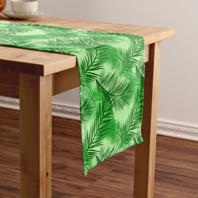 Palm Leaf Print, Emerald and Light Lime Green  Short Table Runner (In Situ)