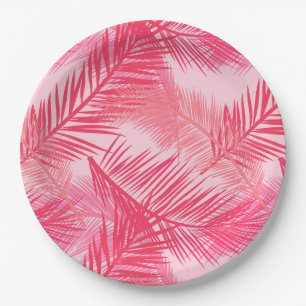 Palm Leaf Print, Fuchsia, Coral and Pastel Pink Paper Plate