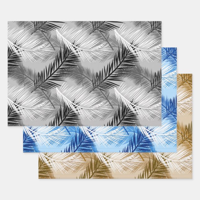 Palm Leaf Print, Green, Black/White, Blue, Tan Wrapping Paper Sheet (Set)