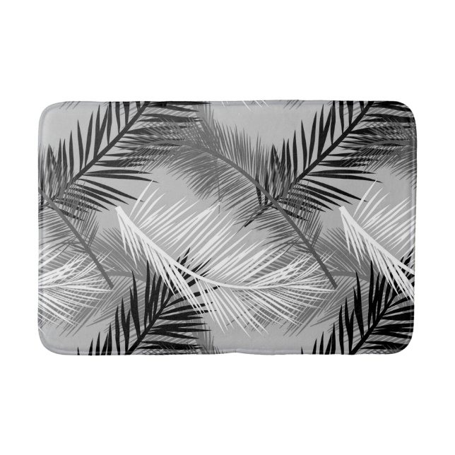Palm Leaf Print, Grey / Grey, Black and White Bath Mat (Front)