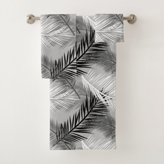 Palm Leaf Print, Grey / Grey, Black and White Bath Towel Set (Insitu)