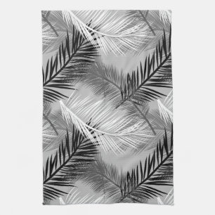 Palm Leaf Print, Grey / Grey, Black and White Kitchen Towel