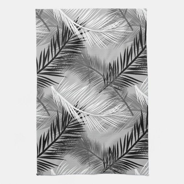 Palm Leaf Print, Grey / Grey, Black and White Kitchen Towel (Vertical)