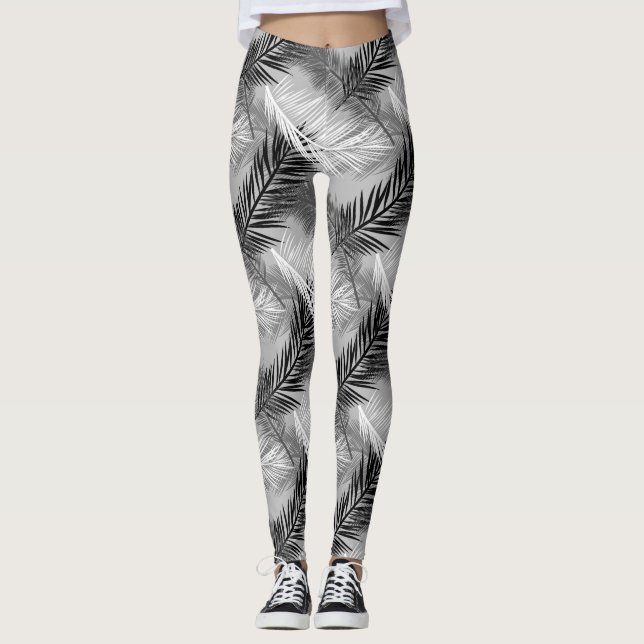 Palm Leaf Print, Grey / Grey, Black and White Leggings (Front)