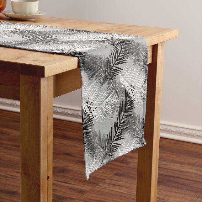 Palm Leaf Print, Grey / Grey, Black and White Short Table Runner (In Situ)