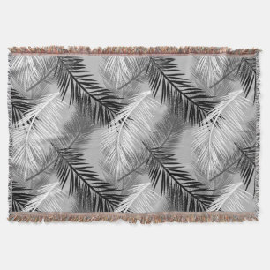 Palm Leaf Print, Grey / Grey, Black and White Throw Blanket