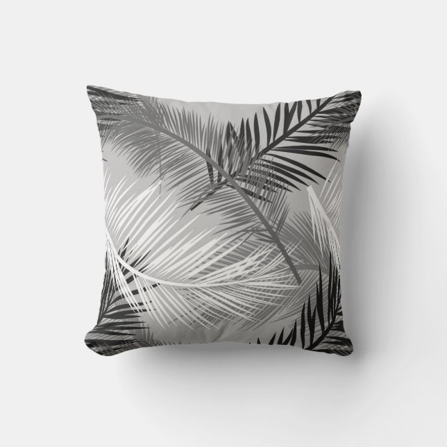 Palm Leaf Print, Grey / Grey, Black and White Throw Pillow (Front)
