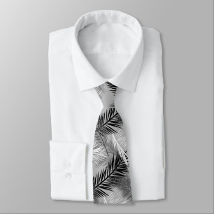 Palm Leaf Print, Grey / Grey, Black and White Tie