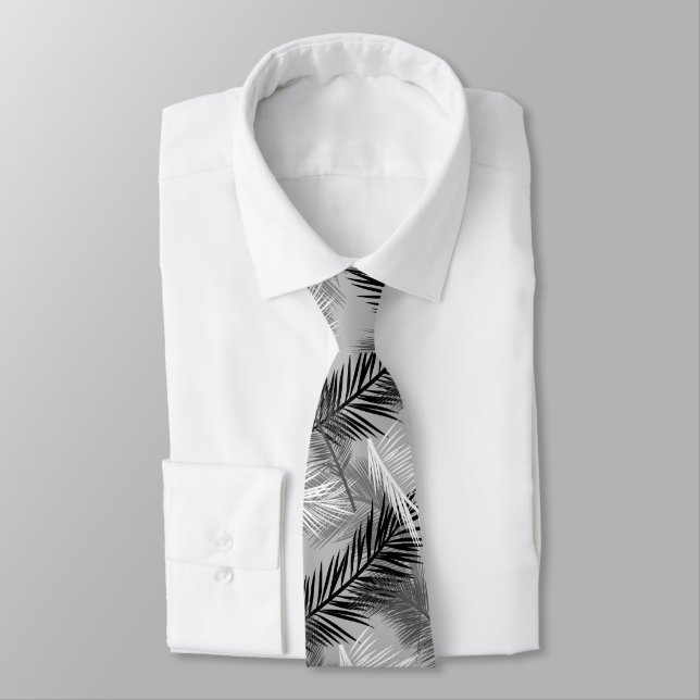 Palm Leaf Print, Grey / Grey, Black and White Tie (Tied)