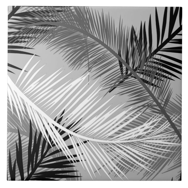 Palm Leaf Print, Grey / Grey, Black and White Tile (Front)