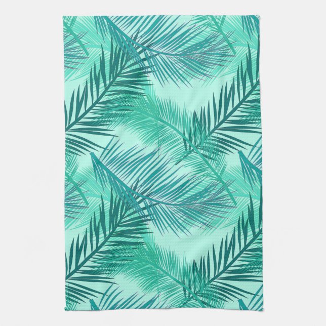 Palm Leaf Print, Turquoise, Teal and Aqua  Kitchen Towel (Vertical)