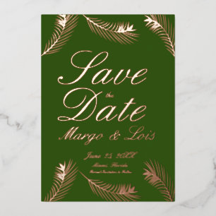 Palm Leaf Save the Date Green Gold Pressed