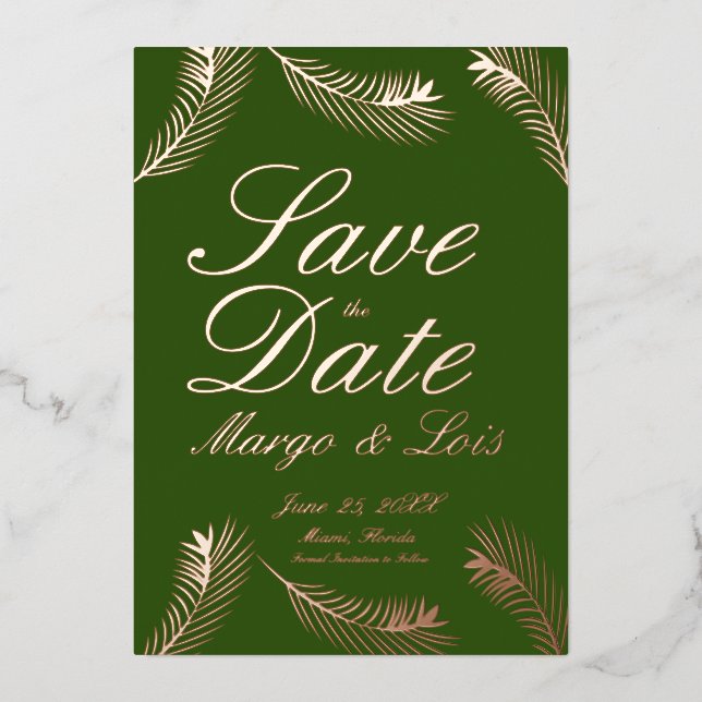 Palm Leaf Save the Date Green Gold Pressed  (Front)